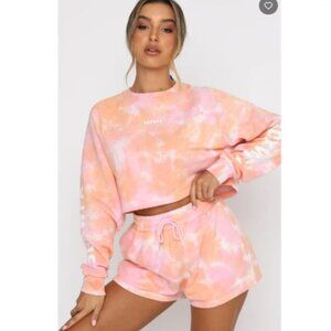 White Fox Cali Babe Cropped Sweater & Biker Short SET, Pink Sunset | Size Small